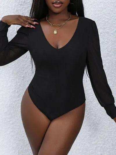 V-Neck Long Sleeve Bodysuit - Trendsi - Flyclothing LLC