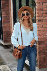 V-Neck Lace Detail Long Sleeve Top - Trendsi - Flyclothing LLC