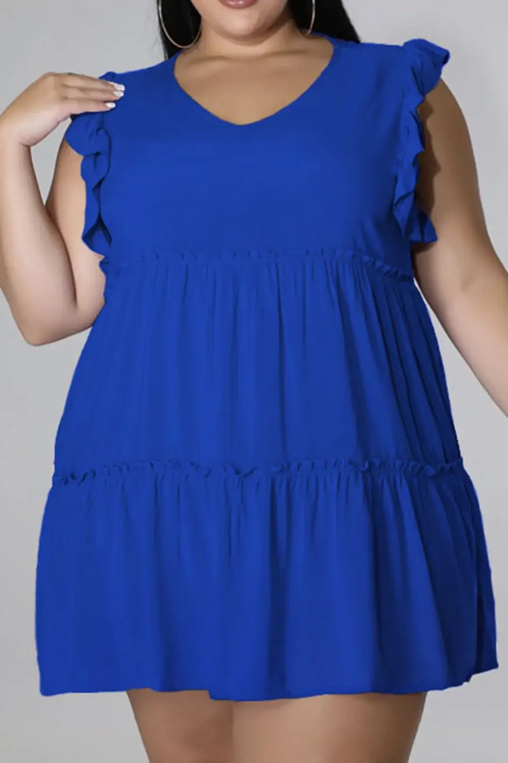 Plus Size V-Neck Frill Trim Mini Dress - Trendsi - Flyclothing LLC