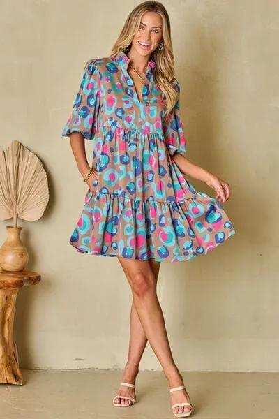 Notched Balloon Sleeve Mini Dress - Trendsi - Flyclothing LLC