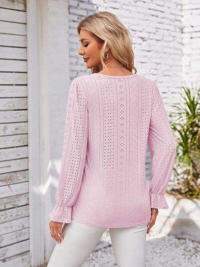 Applique V-Neck Flounce Sleeve T-Shirt - Trendsi - Flyclothing LLC