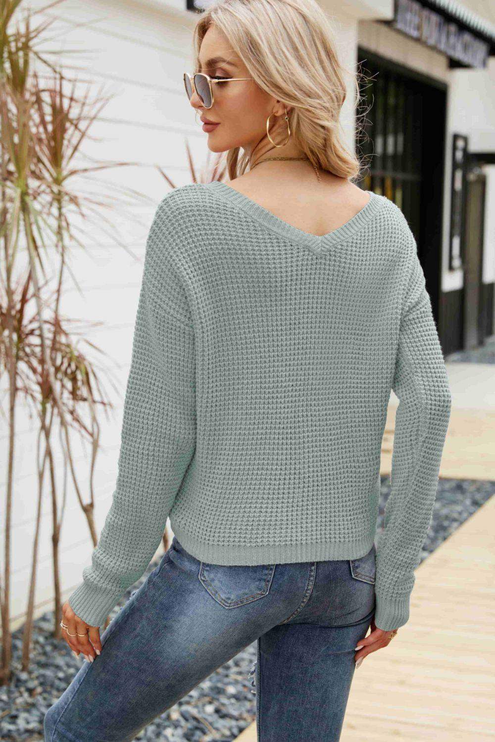 Waffle-Knit Drawstring Detail V-Neck Sweater - Trendsi - Flyclothing LLC