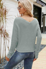 Waffle-Knit Drawstring Detail V-Neck Sweater - Trendsi - Flyclothing LLC