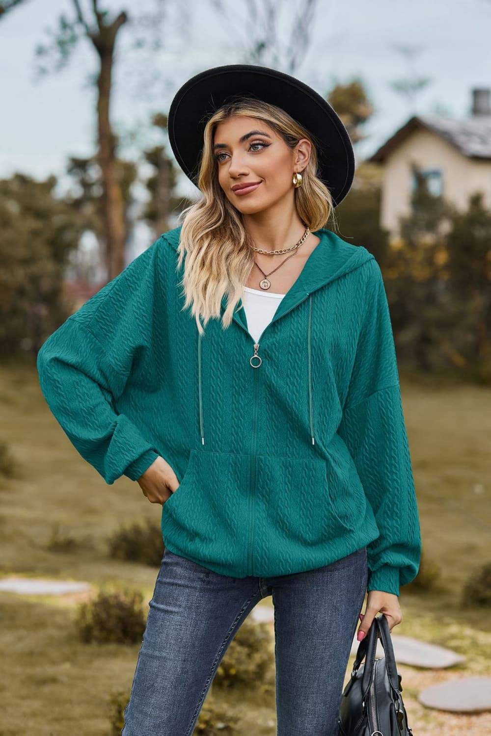 Cable-Knit Long Sleeve Hooded Jacket - Trendsi - Flyclothing LLC