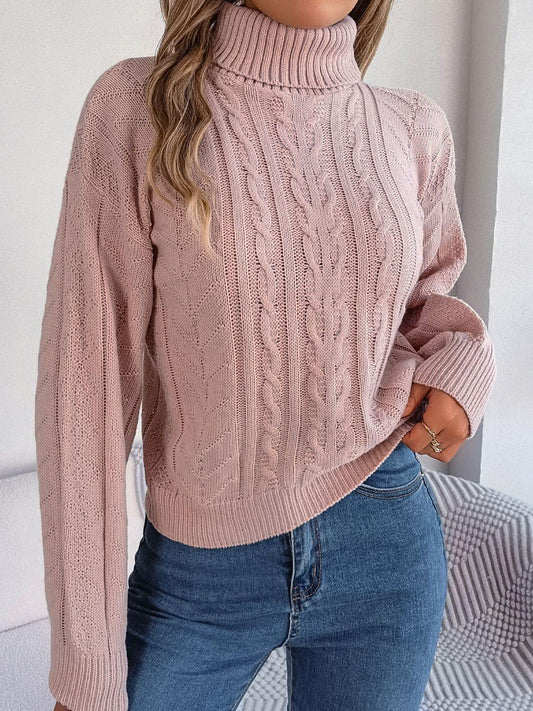 Cable-Knit Turtleneck Sweater - Trendsi
