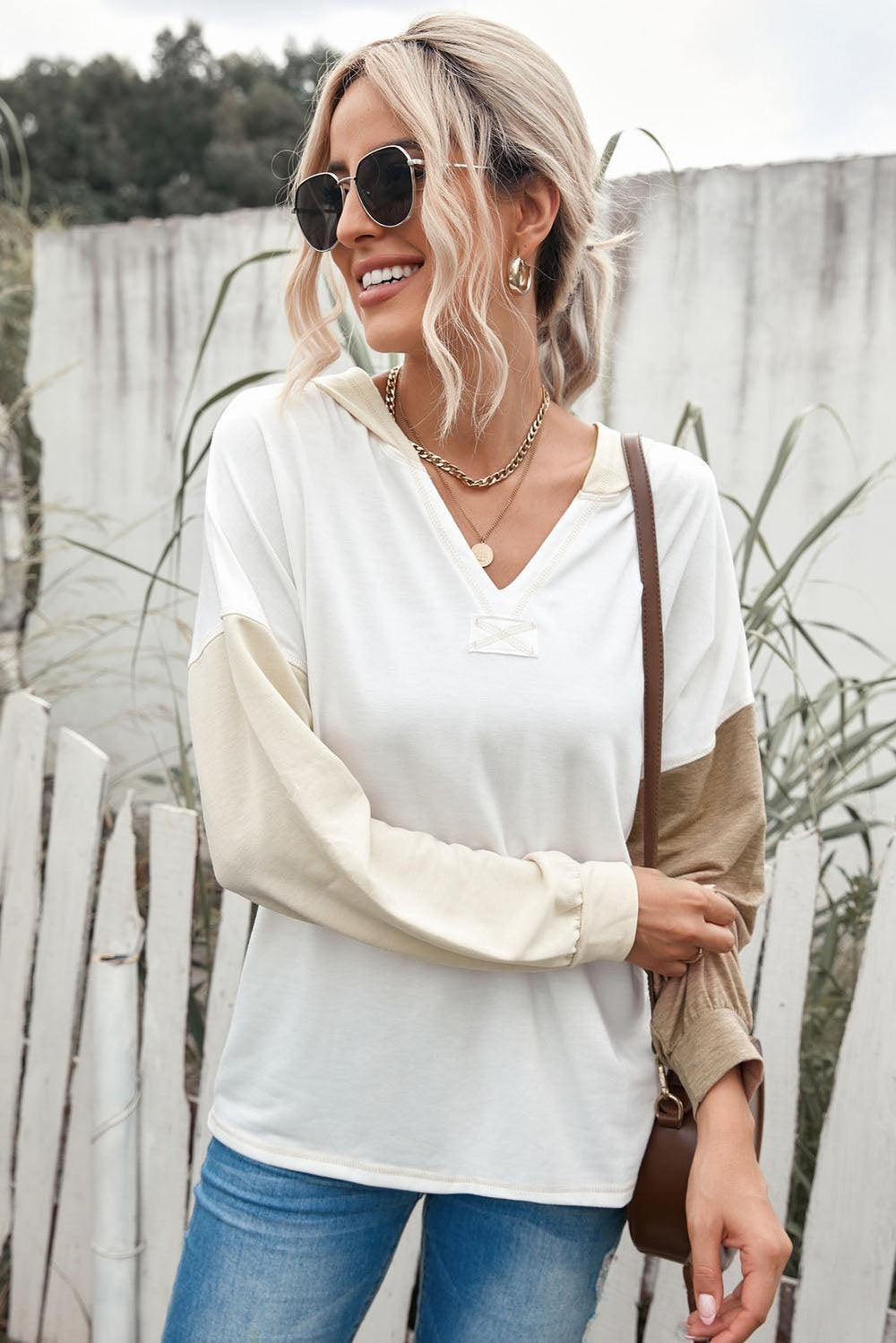 Color Block Drop Shoulder Hoodie - Trendsi