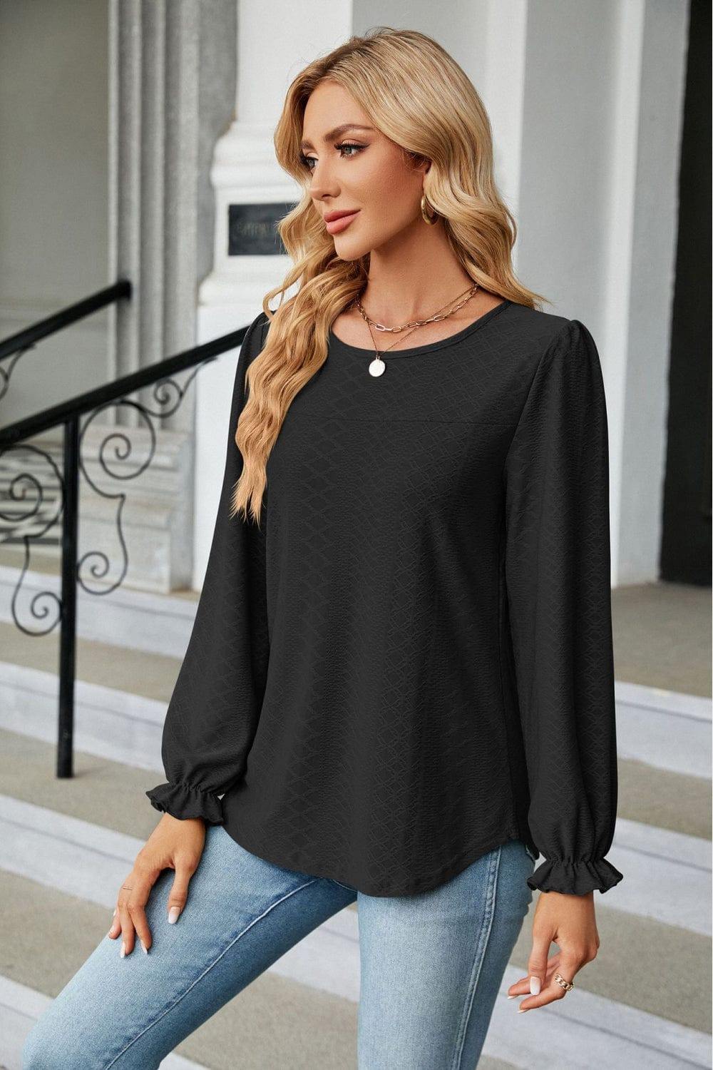 Round Neck Flounce Sleeve Blouse - Trendsi