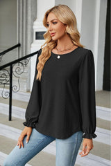 Round Neck Flounce Sleeve Blouse - Trendsi