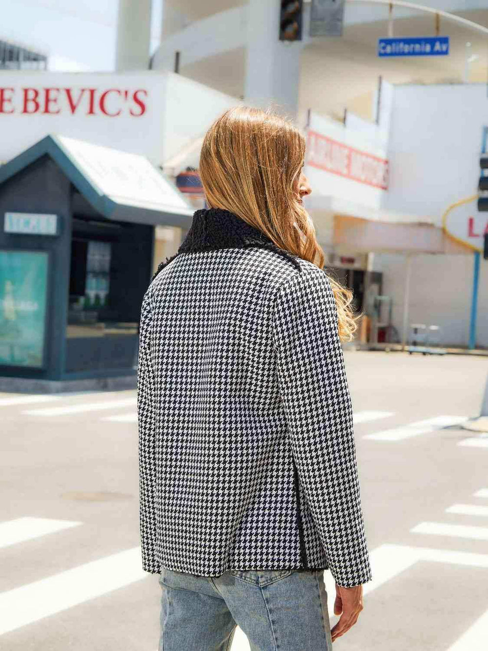 Houndstooth Open Front Long Sleeve Jacket - Trendsi - Flyclothing LLC