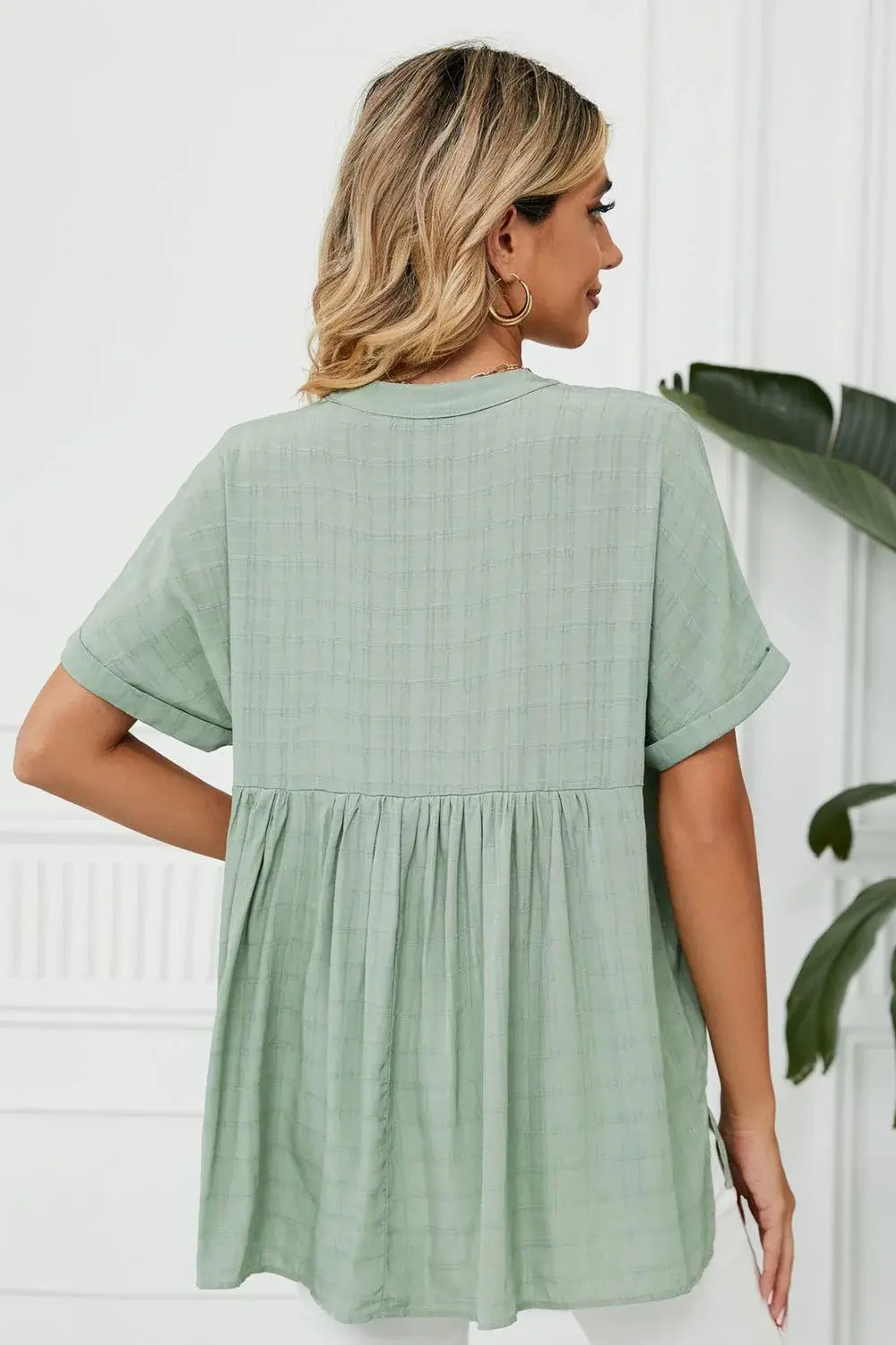 Side Slit Notched Neck Cuffed Short Sleeve Blouse - Trendsi - Flyclothing LLC