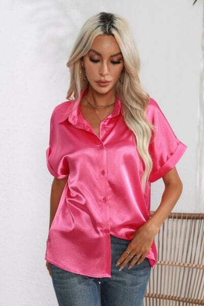 Collared Neck Short Sleeve Shirt - Trendsi