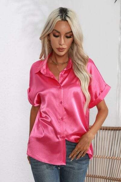 Collared Neck Short Sleeve Shirt - Trendsi - Flyclothing LLC