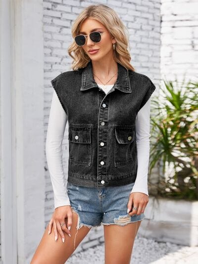 Cap Sleeve Denim Jacket with Pockets - Trendsi