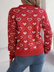 Heart Pattern V-Neck Long Sleeve Sweater - Trendsi