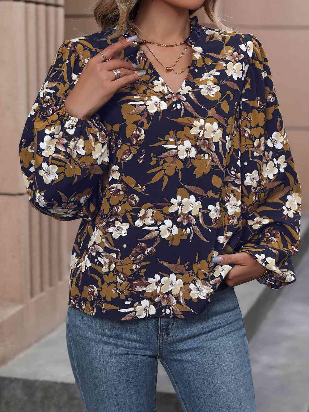 Floral Notched Balloon Sleeve Blouse - Trendsi