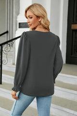 Round Neck Smocked Flounce Sleeve Blouse - Trendsi - Flyclothing LLC