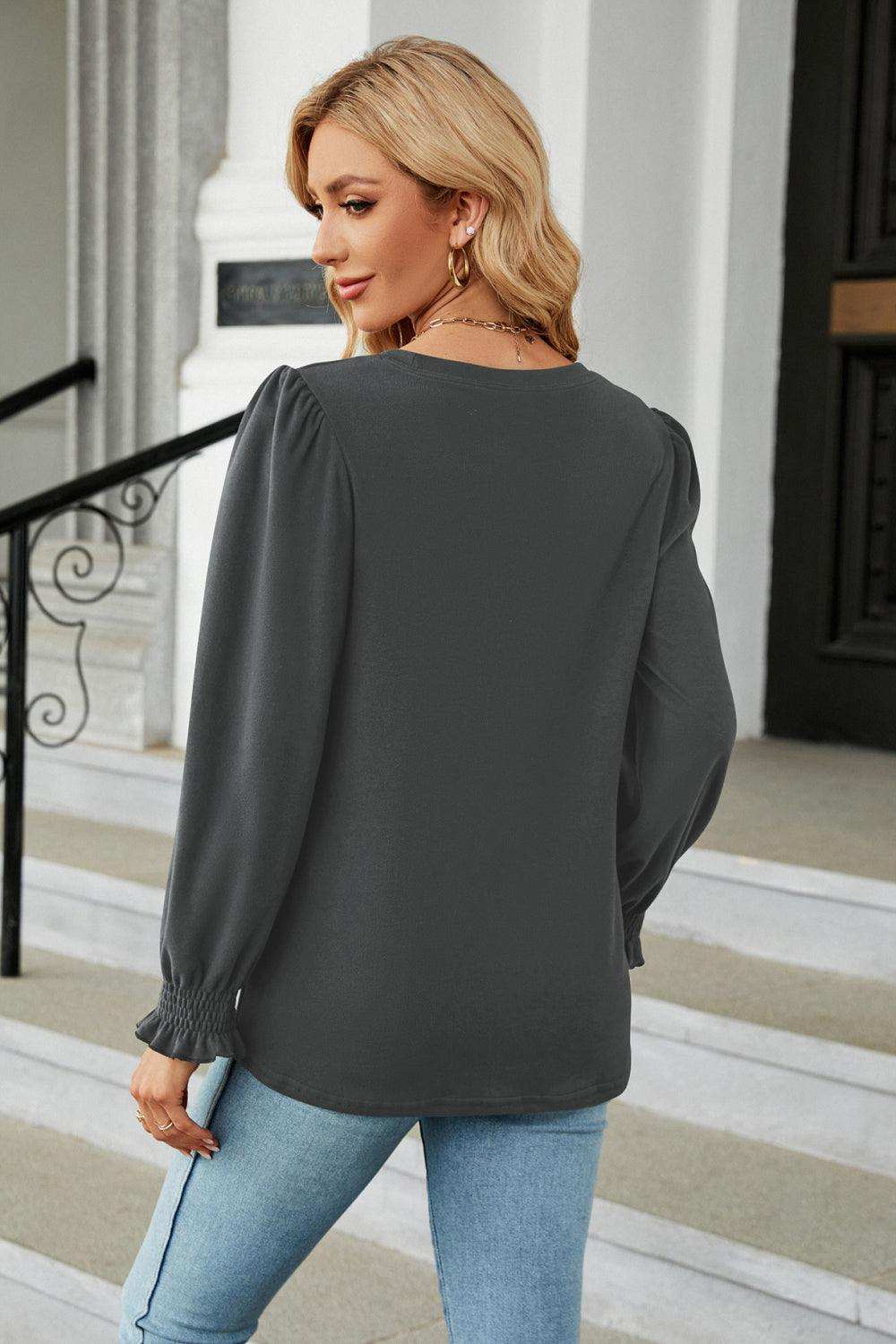Round Neck Smocked Flounce Sleeve Blouse - Trendsi - Flyclothing LLC