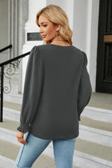 Round Neck Smocked Flounce Sleeve Blouse - Trendsi
