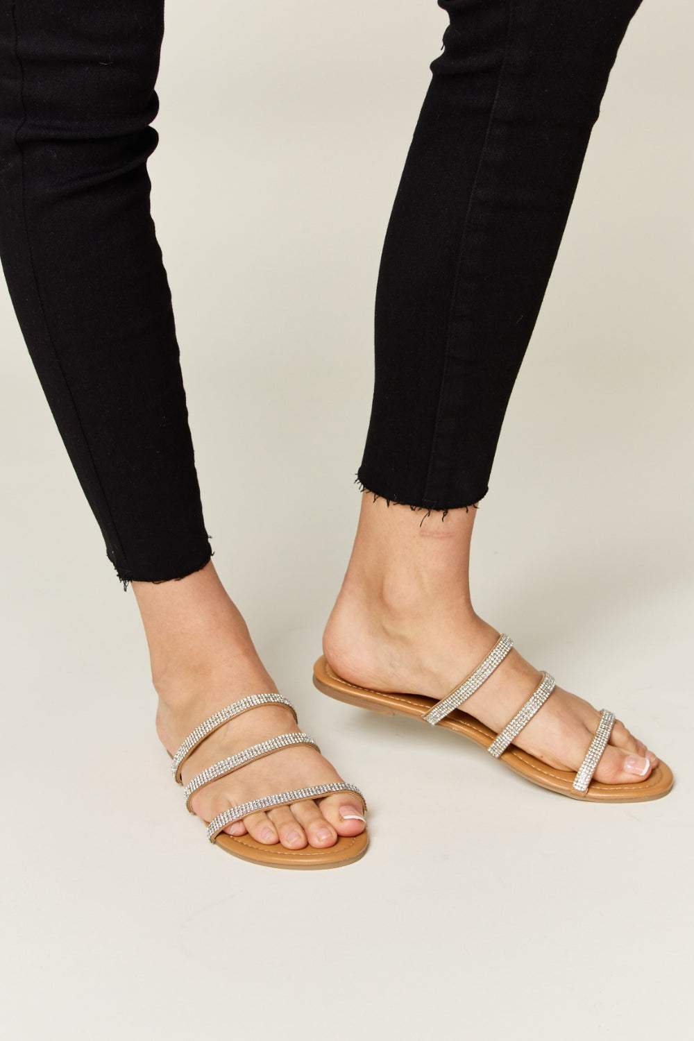 WILD DIVA Rhinestone Three-Strap Flat Sandals - Trendsi - Flyclothing LLC