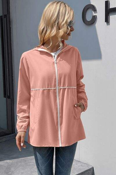 Zip Up Long Sleeve Hooded Watertight Jacket - Trendsi - Flyclothing LLC