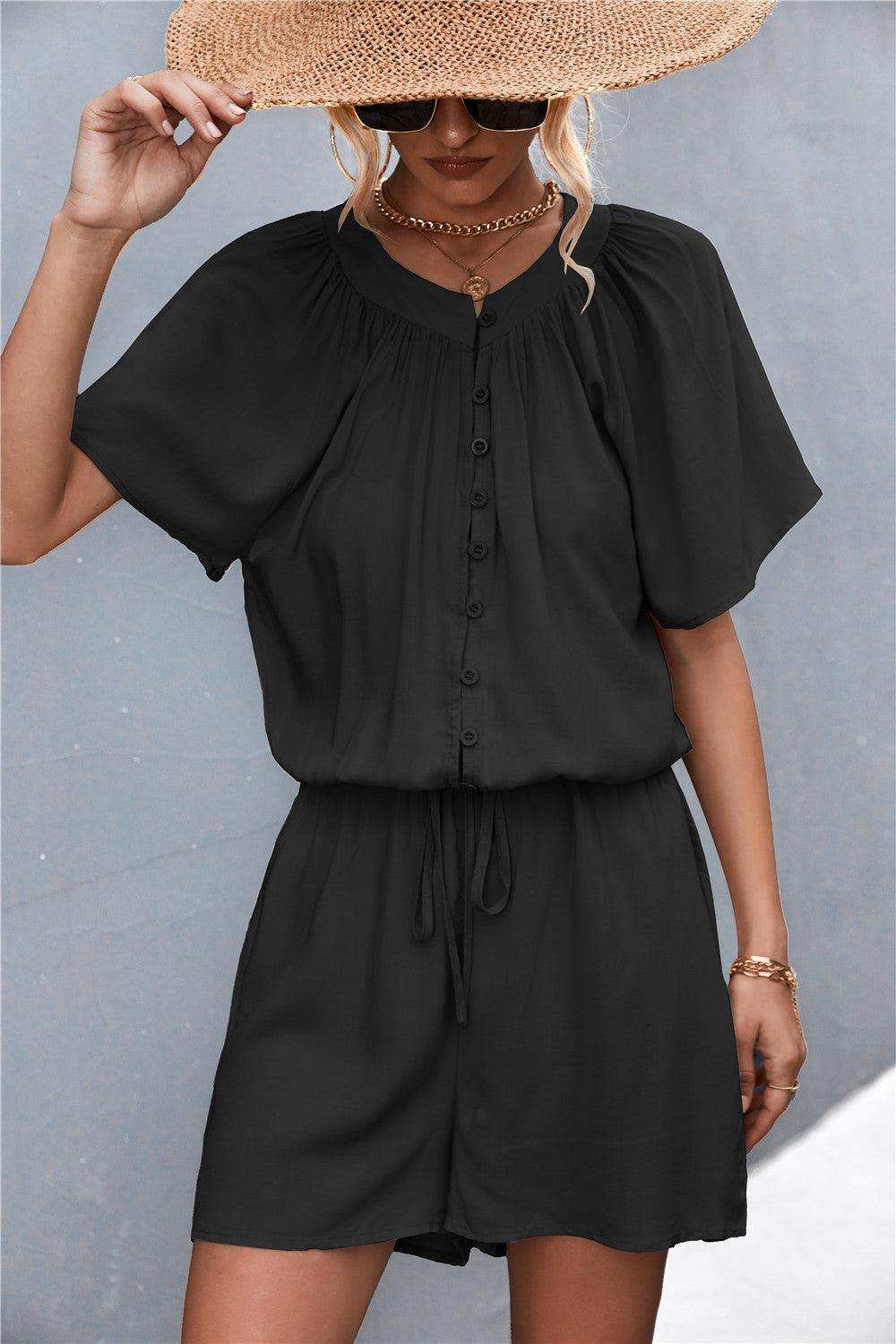 Buttoned Gather Detail Romper - Trendsi - Flyclothing LLC