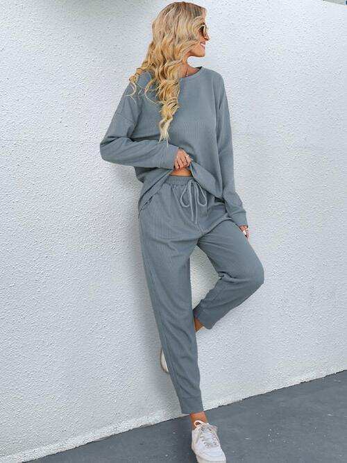 Round Neck Top and Drawstring Pants Set - Trendsi - Flyclothing LLC