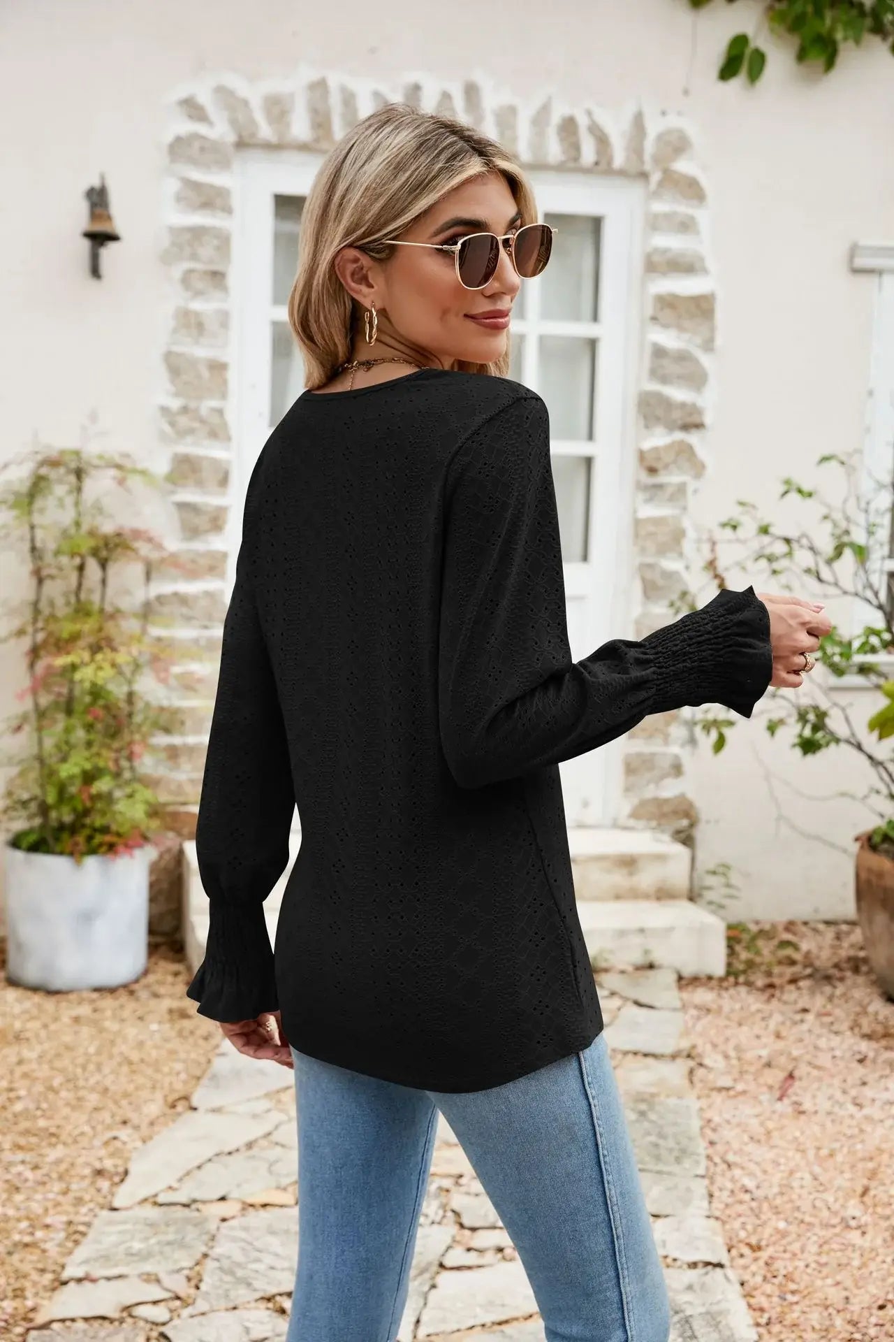 Eyelet V-Neck Smocked Flounce Sleeve Blouse - Trendsi - Flyclothing LLC