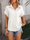 Textured Button Up Cap Sleeve Shirt - Trendsi - Flyclothing LLC