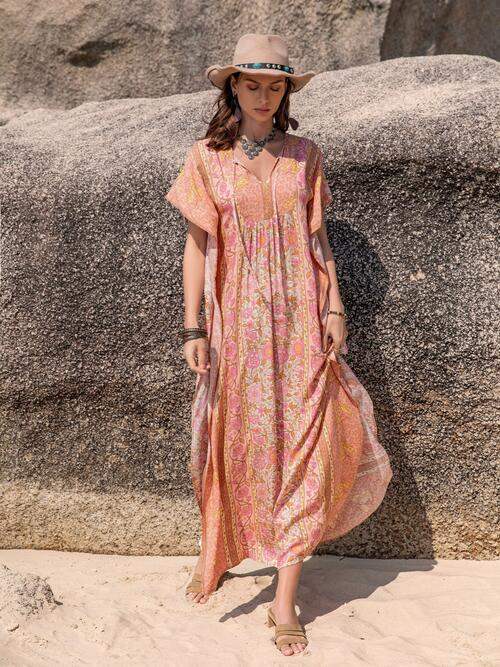 Printed Tie Neck Short Sleeve Dress - Trendsi - Flyclothing LLC