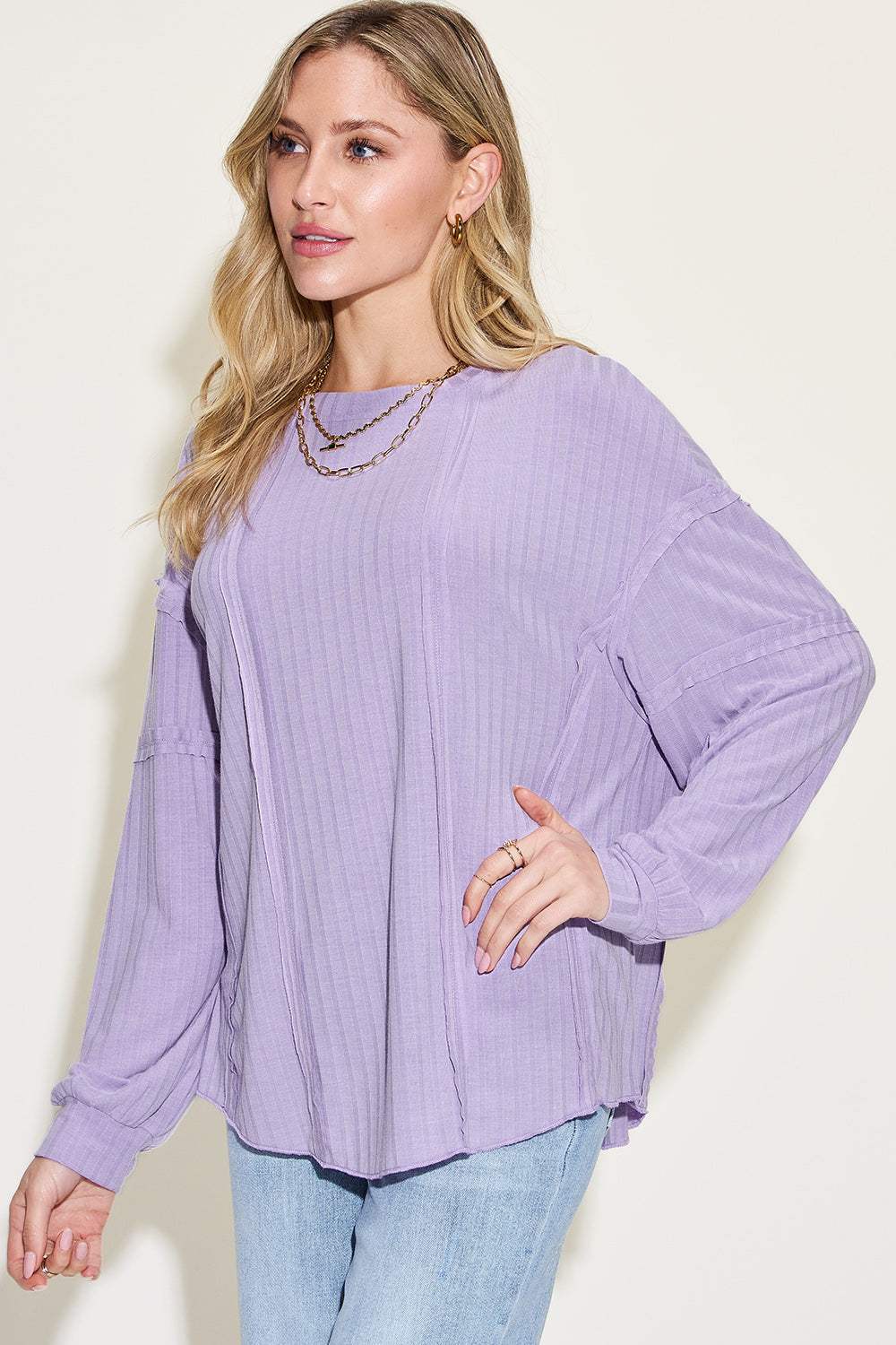 Basic Bae Full Size Ribbed Round Neck Long Sleeve T-Shirt - Trendsi - Flyclothing LLC