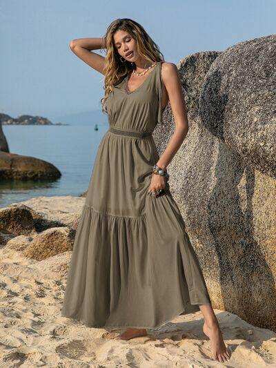 V-Neck Tie Shoulder Crochet Maxi Dress - Trendsi - Flyclothing LLC