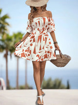 Printed Off-Shoulder Smocked Waist Dress - Trendsi - Flyclothing LLC