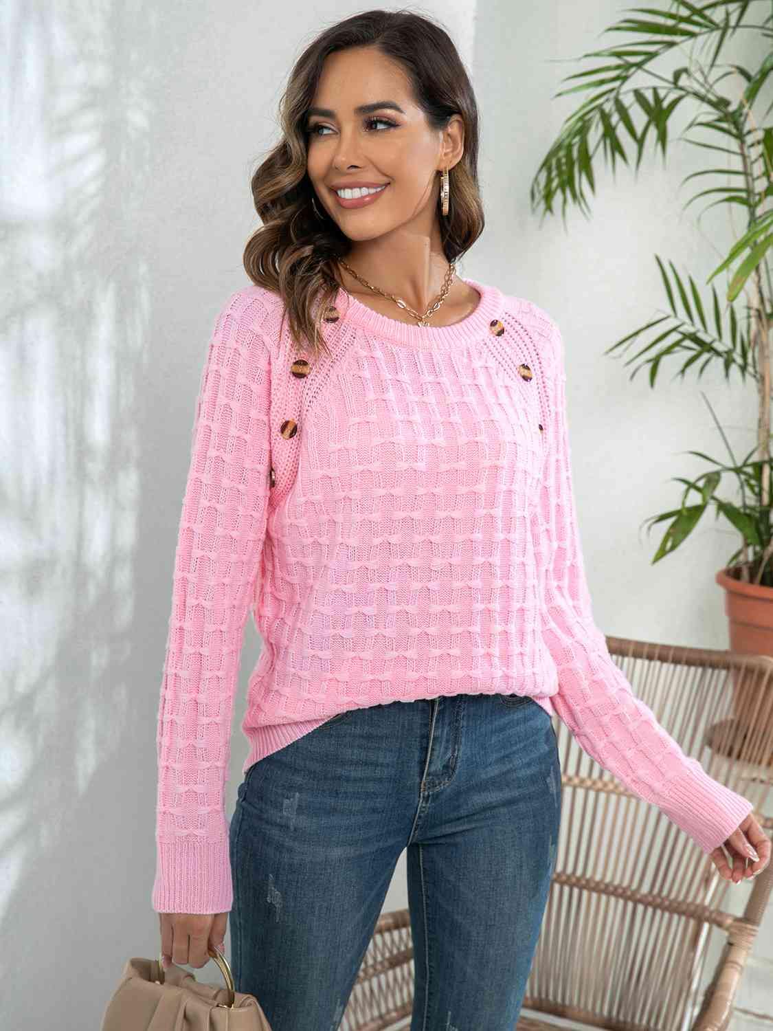 Decorative Button Long Sleeve Sweater - Trendsi
