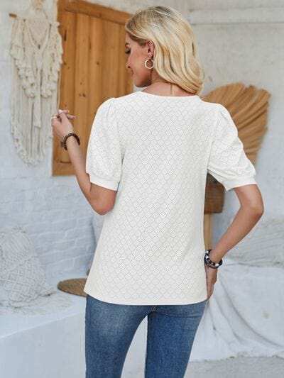 Eyelet Asymmetrical Neck Short Sleeve T-Shirt - Trendsi - Flyclothing LLC