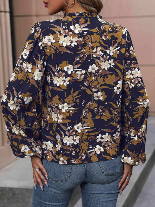Floral Notched Balloon Sleeve Blouse - Trendsi - Flyclothing LLC
