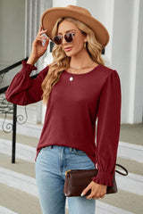 Round Neck Smocked Flounce Sleeve Blouse - Trendsi