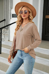 Decorative Button V-Neck Long Sleeve T-Shirt - Trendsi