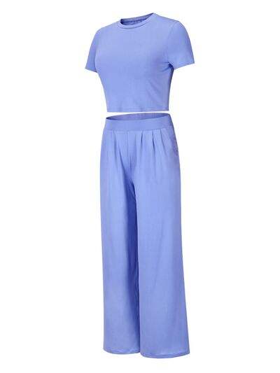 Round Neck Short Sleeve Top and Pocketed Pants Set - Trendsi - Flyclothing LLC