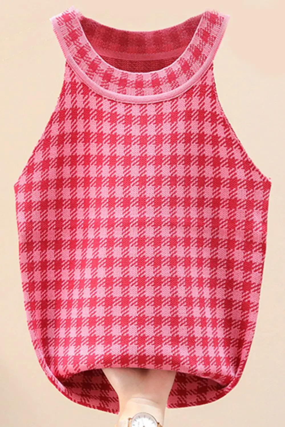 Plaid Round Neck Sleeveless Knit Top - Trendsi - Flyclothing LLC