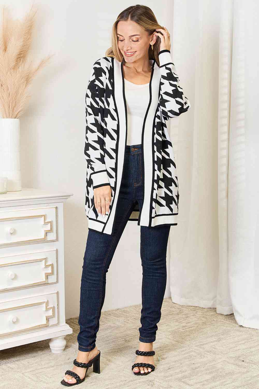 Woven Right Houndstooth Open Front Longline Cardigan - Trendsi - Flyclothing LLC