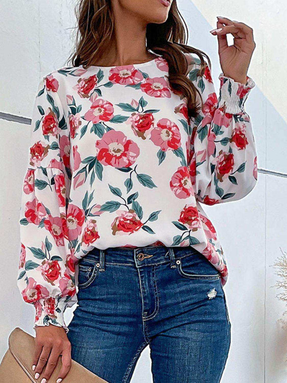 Floral Long Puff Sleeve Round Neck Blouse - Trendsi - Flyclothing LLC