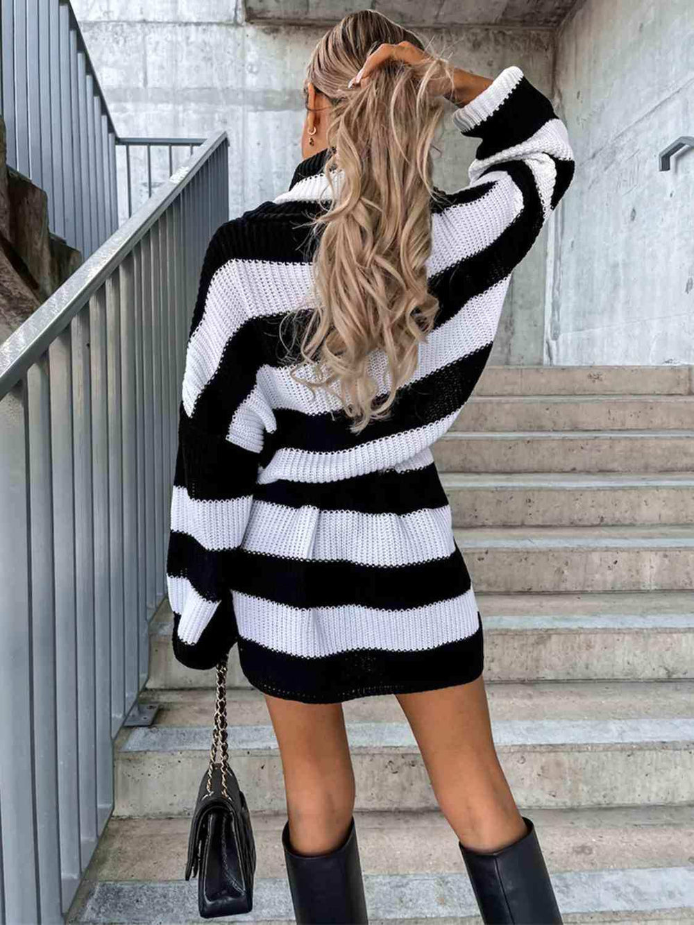 Striped Turtleneck Sweater Dress - Trendsi - Flyclothing LLC