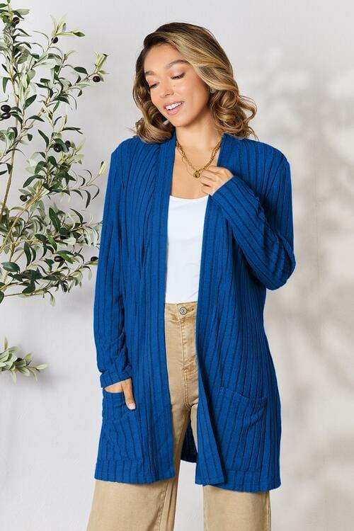 Basic Bae Full Size Ribbed Open Front Cardigan with Pockets - Trendsi - Flyclothing LLC