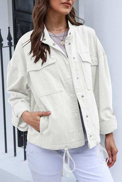 Drawstring Snap Down Dropped Shoulder Denim Jacket - Trendsi - Flyclothing LLC