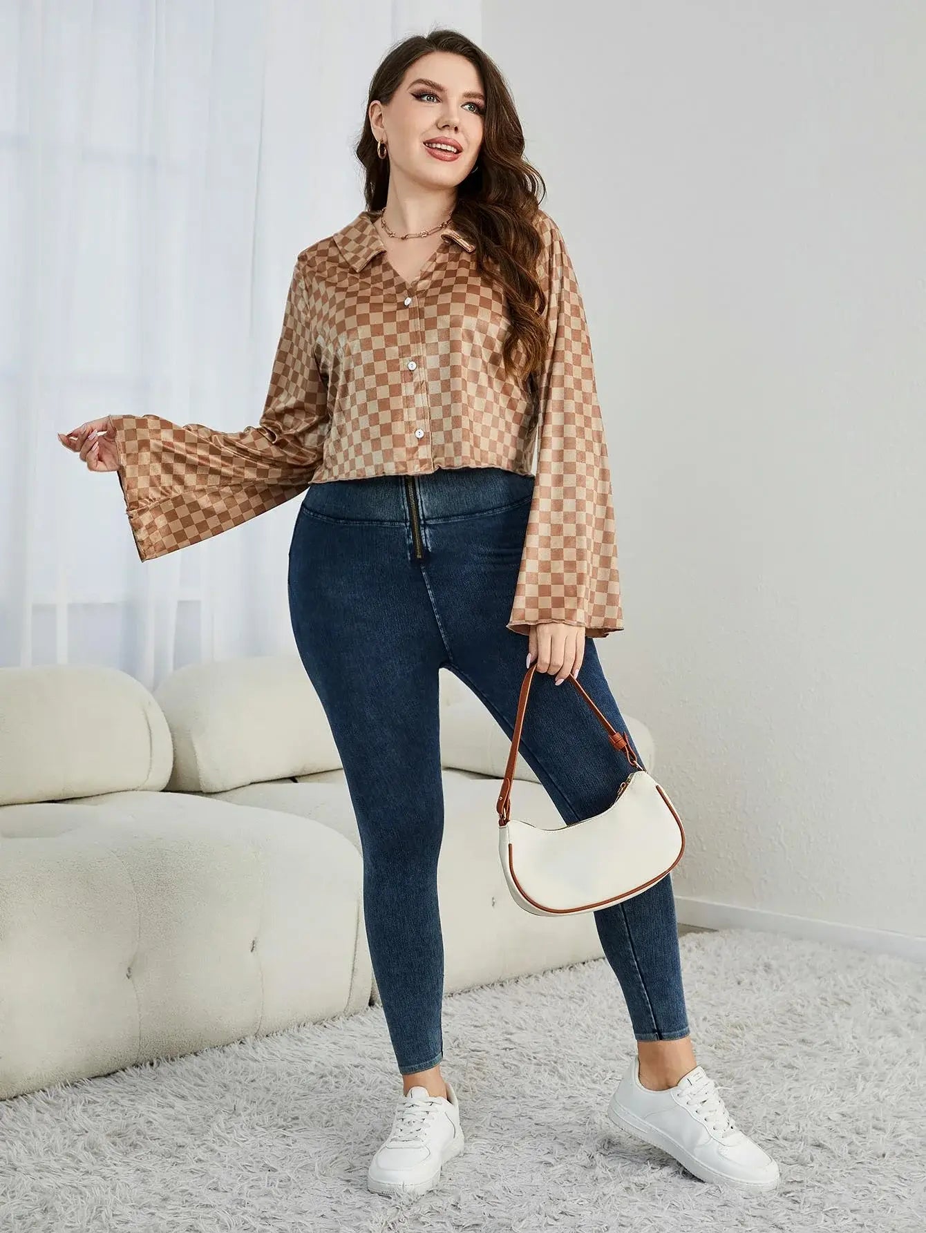 Plus Size Checkered Johnny Collar Flare Sleeve Shirt - Trendsi - Flyclothing LLC