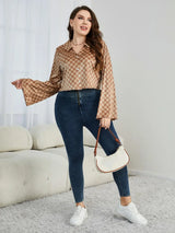 Plus Size Checkered Johnny Collar Flare Sleeve Shirt - Trendsi - Flyclothing LLC