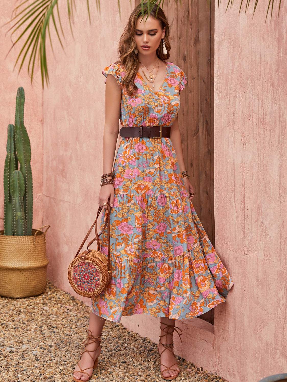 Ruffled Printed V-Neck Cap Sleeve Tiered Dress - Trendsi - Flyclothing LLC