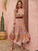 Ruffled Printed V-Neck Cap Sleeve Tiered Dress - Trendsi - Flyclothing LLC