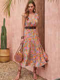 Ruffled Printed V-Neck Cap Sleeve Tiered Dress - Trendsi - Flyclothing LLC