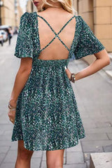 Printed Smocked Crisscross V-Neck Mini Dress - Trendsi - Flyclothing LLC